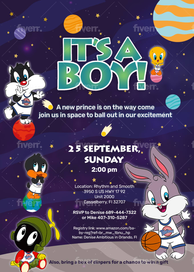Space jam shop baby shower invitations